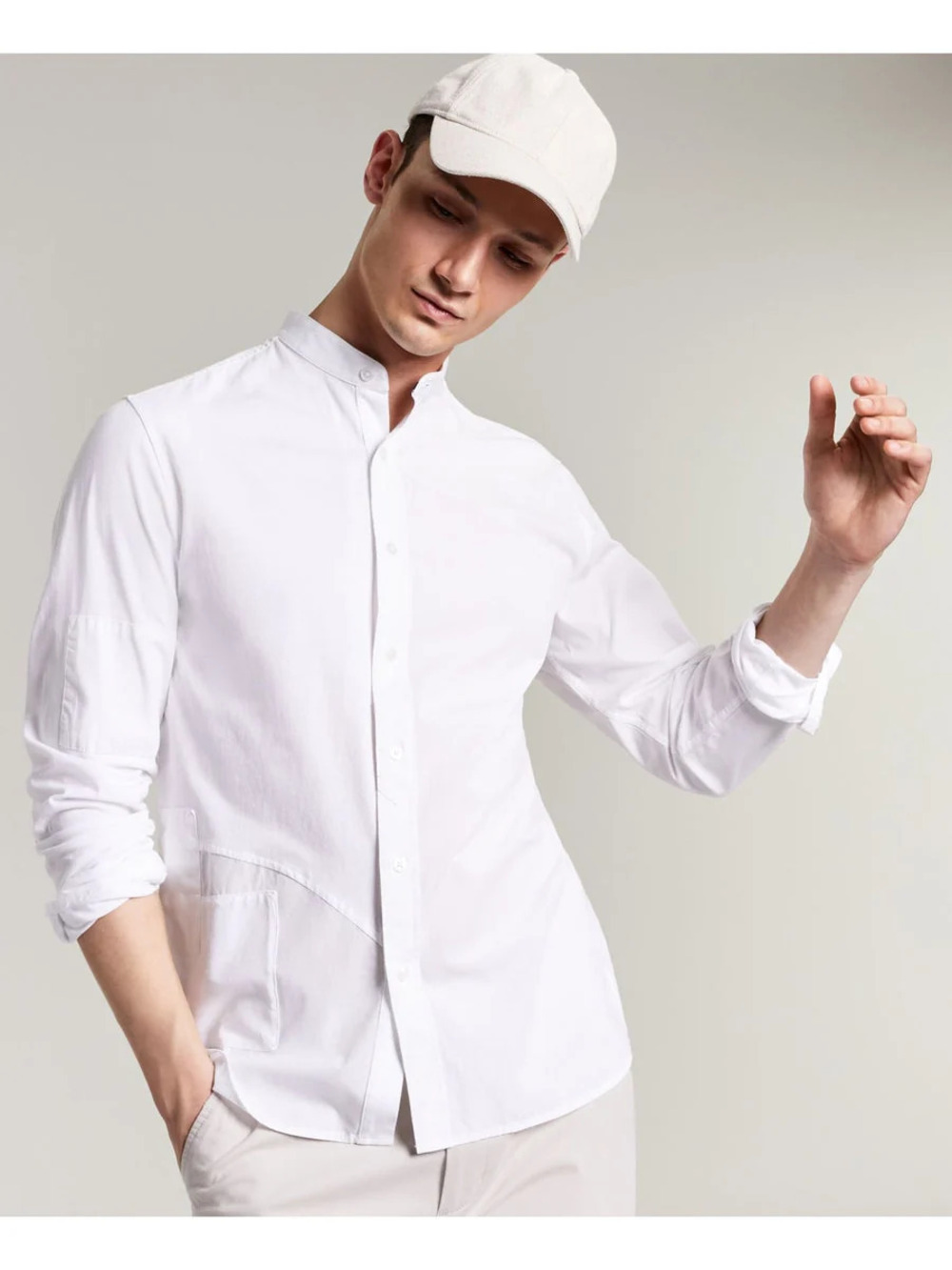 Sun + Stone White Patchwork Mandarin Collar Button Up Shirt/0628
